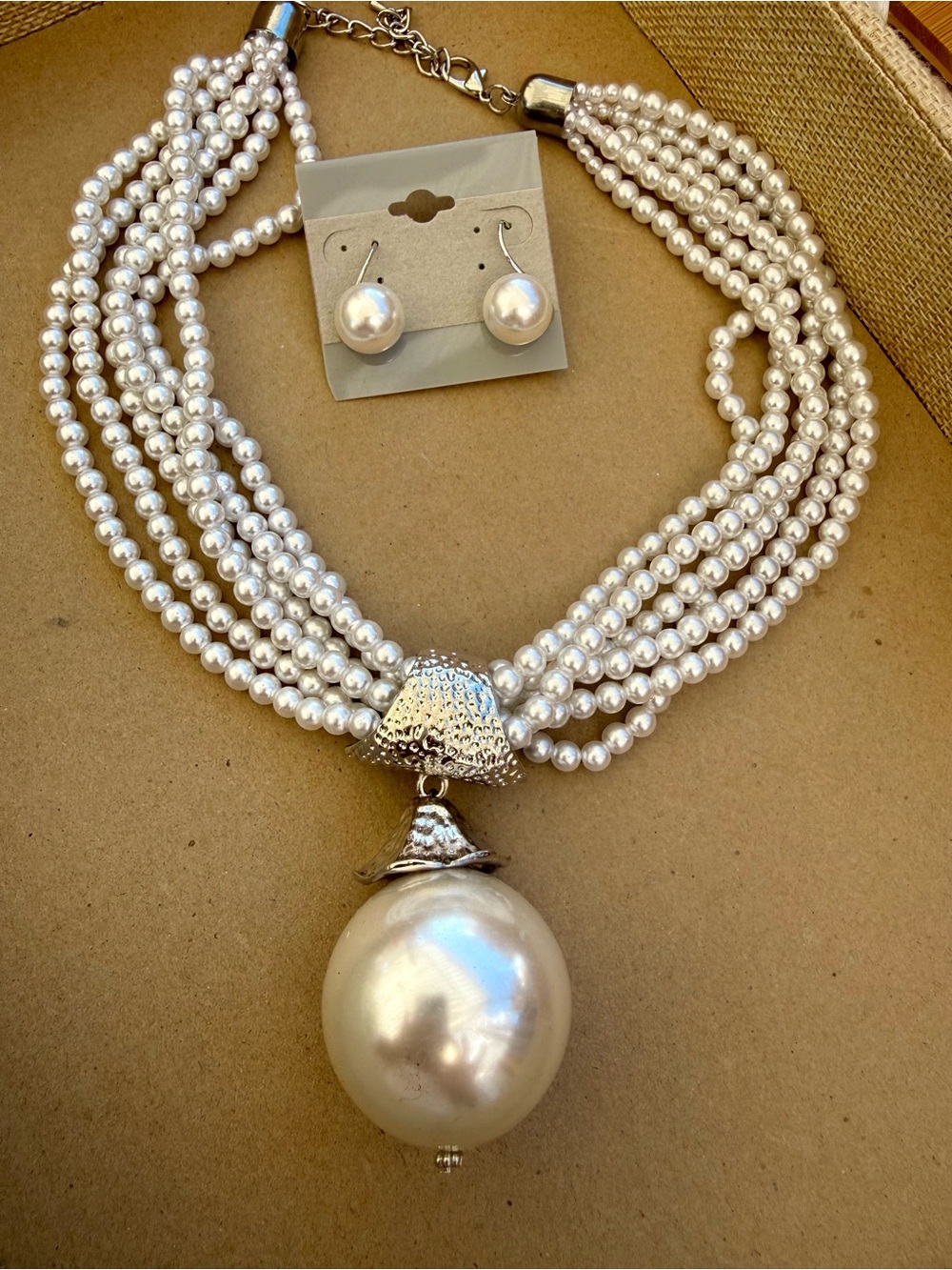 Classic Faux Pearl Multi-Strand Necklace with Drop Pendant - White